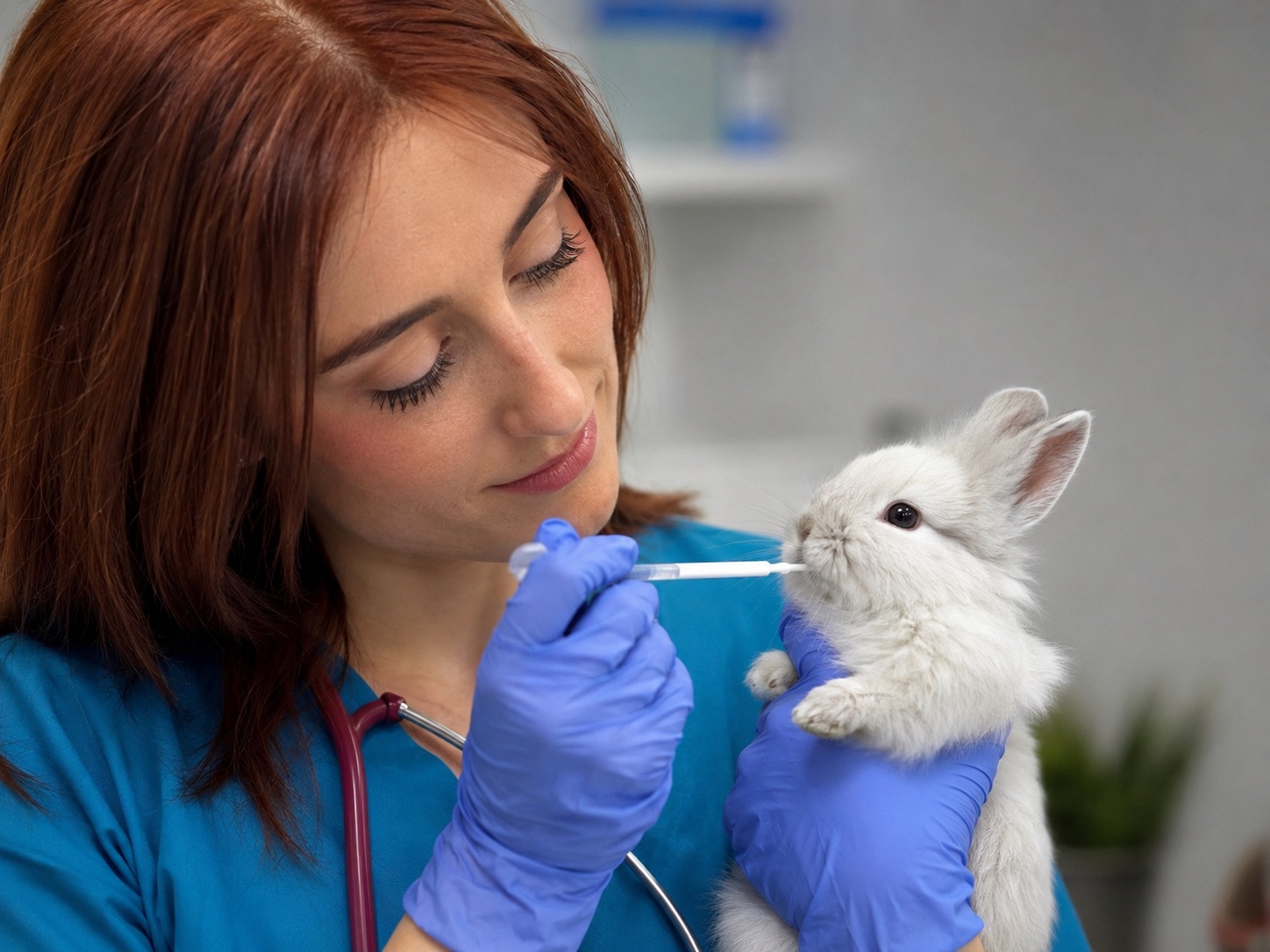 La Dra. Carmen Vílchez atendiendo a un conejo en consulta clínica veterinaria.