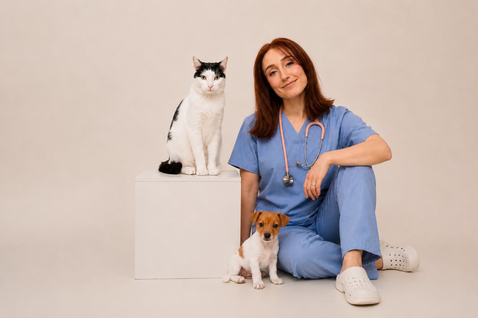 La Dra. Carmen Vílchez, veterinaria, sentada junto a un gato blanco y negro sobre un cubo y una cachorra Jack Russell.
